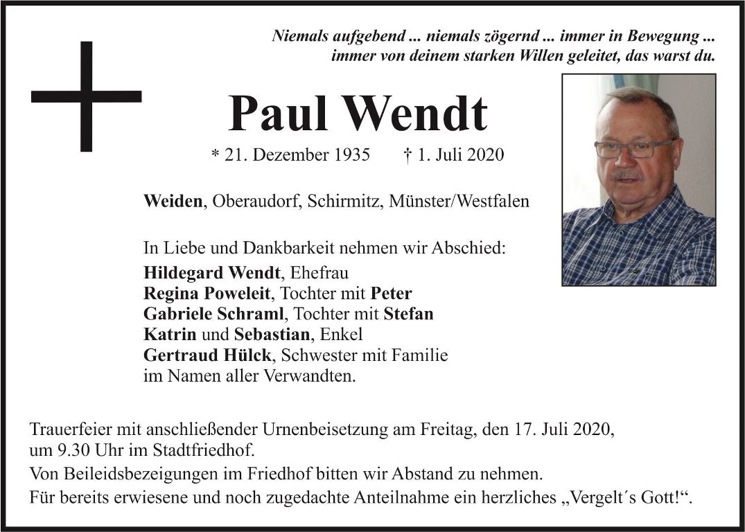 Traueranzeige Paul Wendt, Weiden Schirmitz änderung