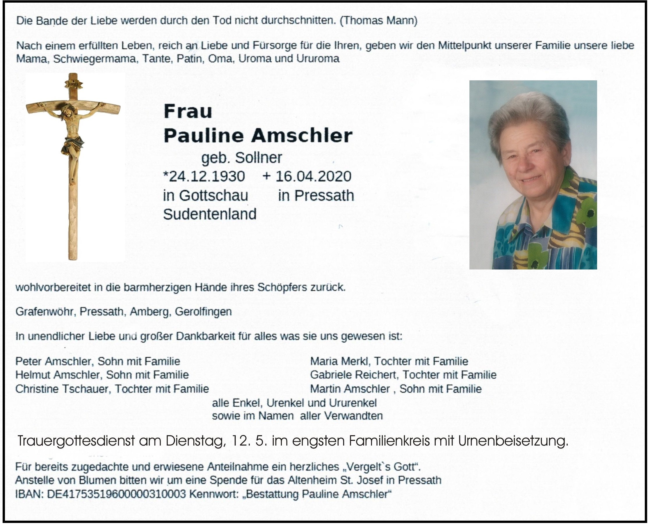 Traueranzeige Pauline Amschler
