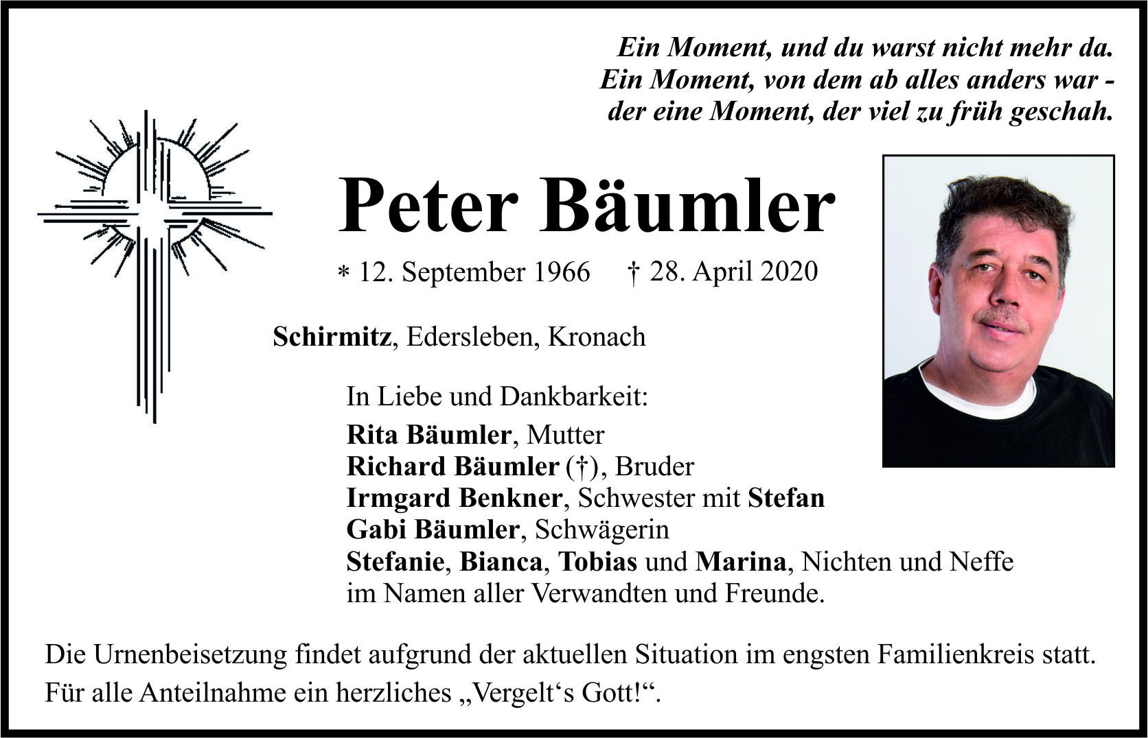 Traueranzeige Peter Bäumler