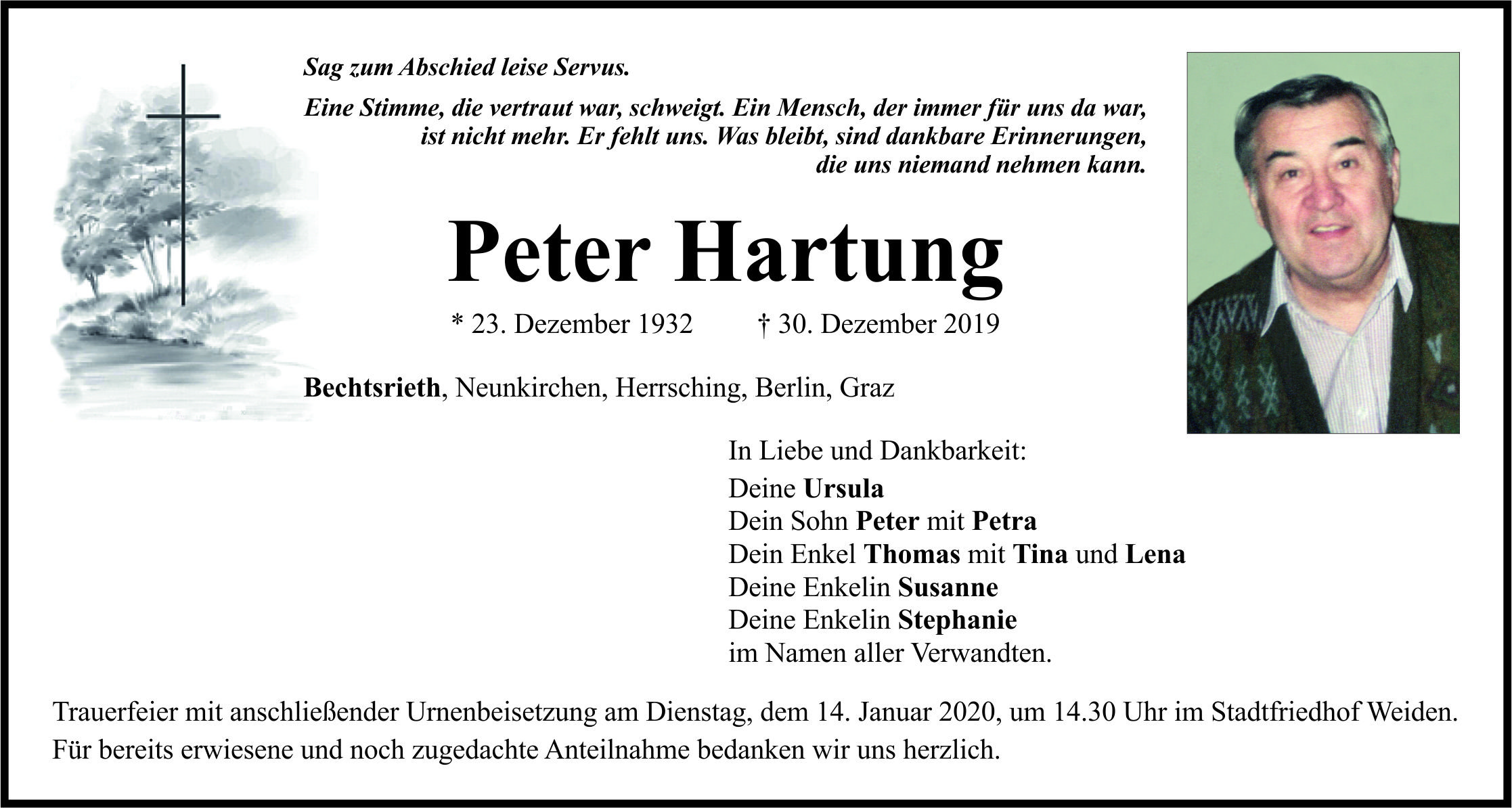 Traueranzeige Peter Hartung, Bechtsrieth