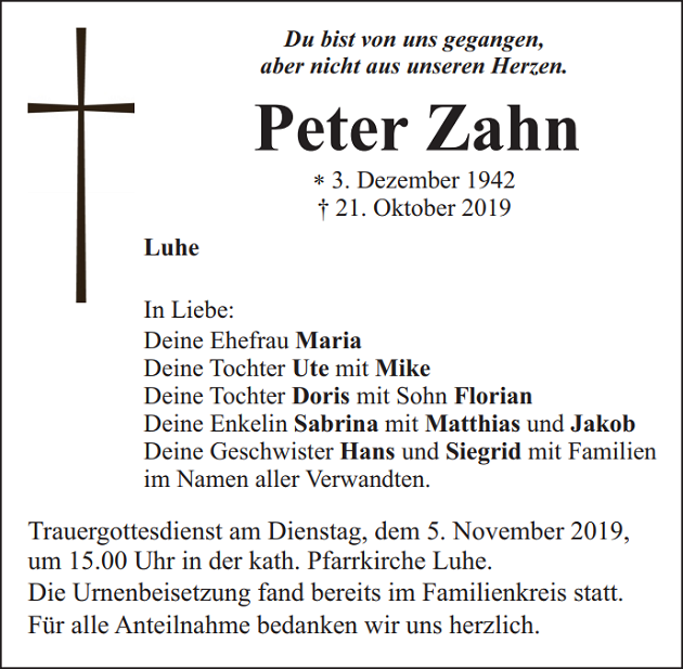 Traueranzeige Peter Zahn Luhe