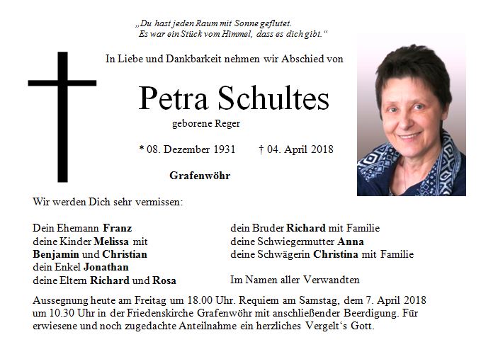 Traueranzeige Petra Schultes Grafenwöhr