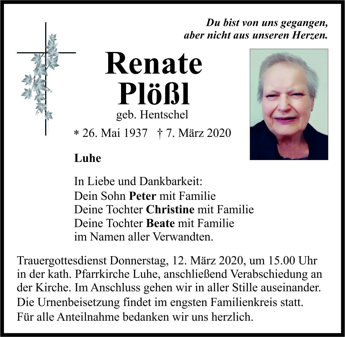 Traueranzeige Renate Plößl, Luhe