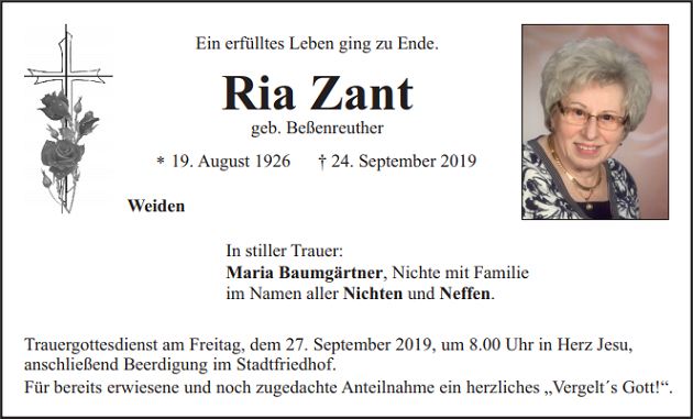 Traueranzeige Ria Zant Weiden