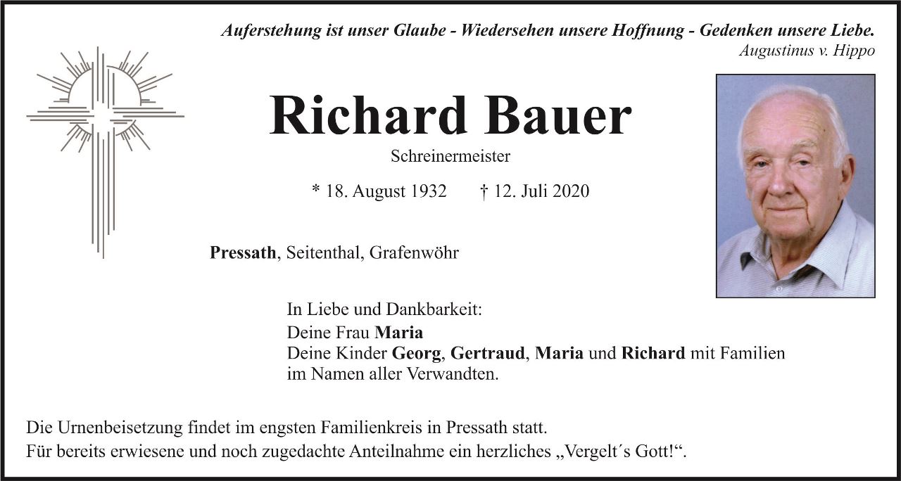 Traueranzeige Richard Bauer, Pressath Grafenwöhr