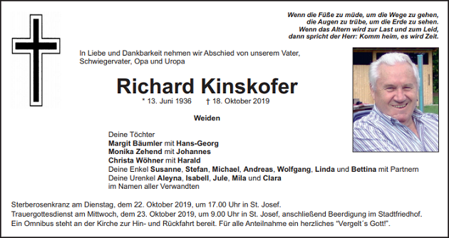 Traueranzeige Richard Kinskofer Weiden