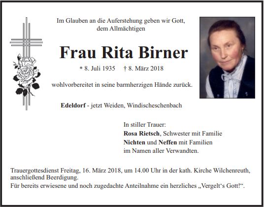 Traueranzeige Rita Birner Weiden1