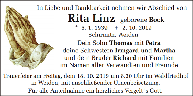 Traueranzeige Rita Linz Schirmitz