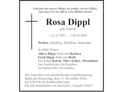 Traueranzeige Rosa Dippl, Weiden
