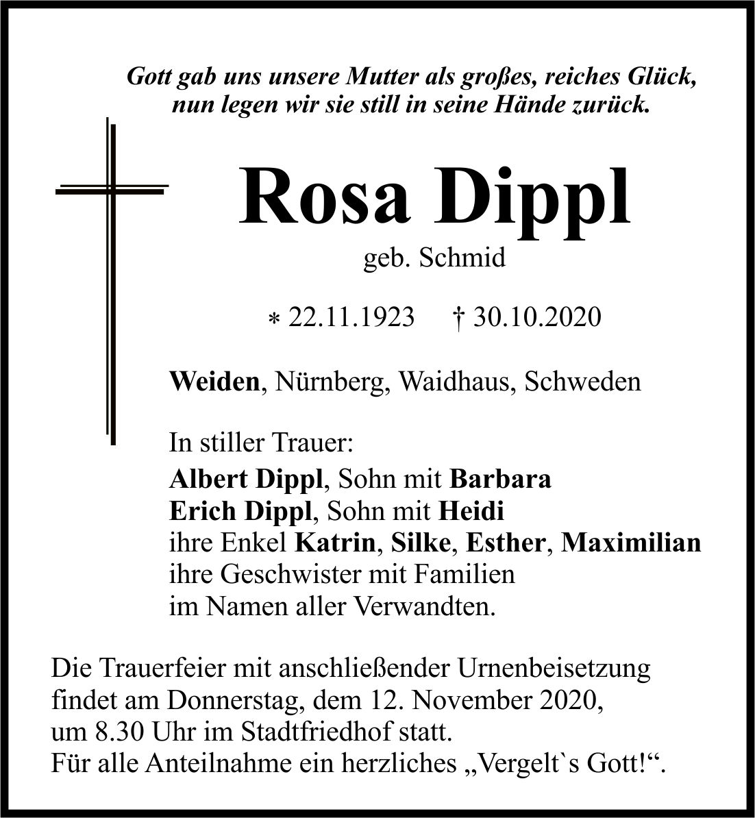 Traueranzeige Rosa Dippl, Weiden