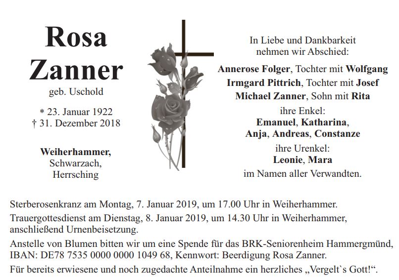 Traueranzeige Rosa Zanner Weiherhammer