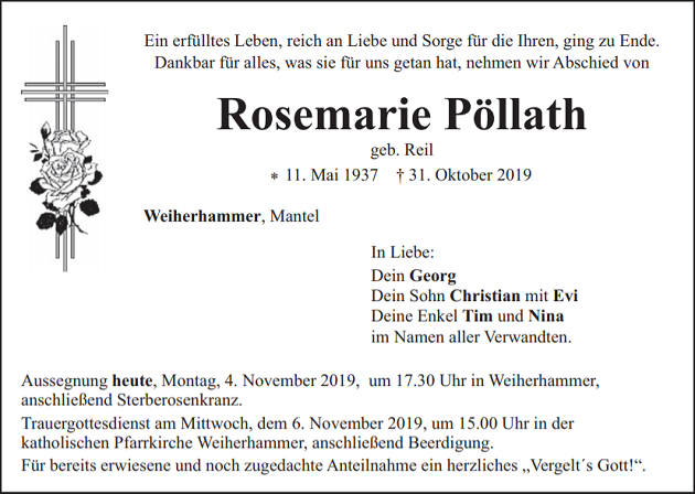 Traueranzeige Rosemarie Pöllath Weiherhammer