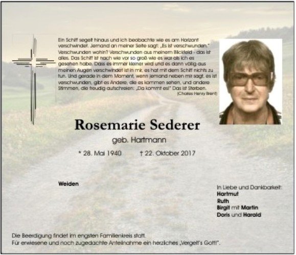 Traueranzeige Rosemarie Sederer, Weiden