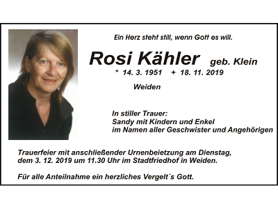 Traueranzeige Rosi Kähler, Weiden