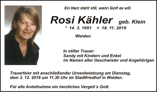 Traueranzeige Rosi Kähler Weiden