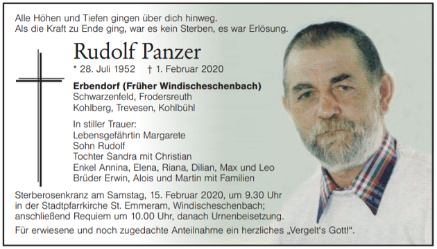 Traueranzeige Rudolf Panzer Erbendorf