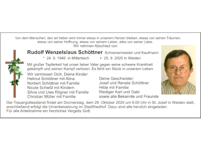 Traueranzeige Rudolf Wenzlslaus Schöttner, Weiden