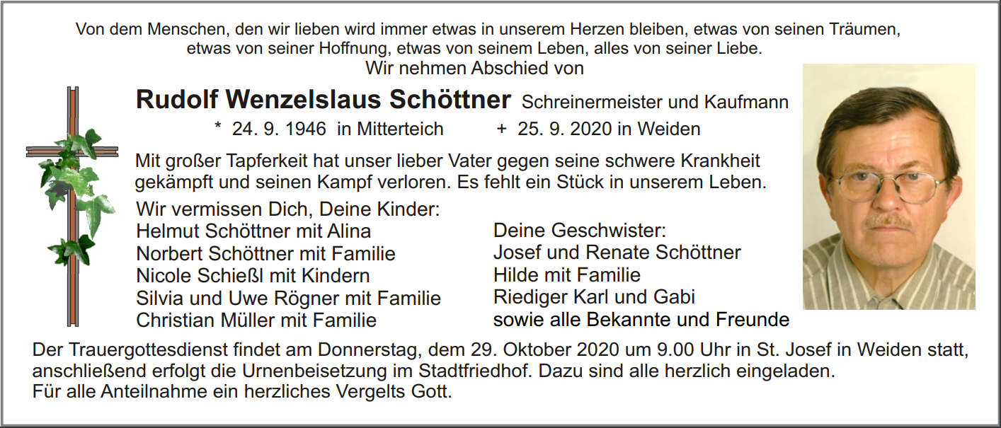 Traueranzeige Rudolf Wenzelslaus Schöttner, Weiden