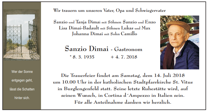 Traueranzeige Sanzio Dimai Burglengenfeld