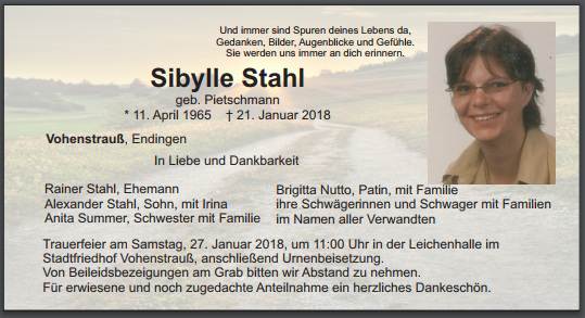 Traueranzeige Sibylle Stahl Vohenstrauß