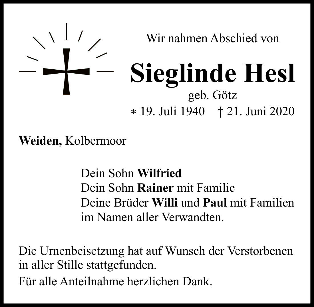 Traueranzeige Sieglinde Hesl