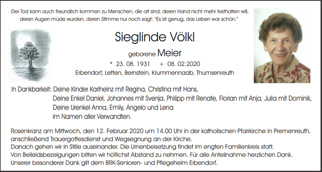 Traueranzeige Sieglinde Völkl Erbendorf
