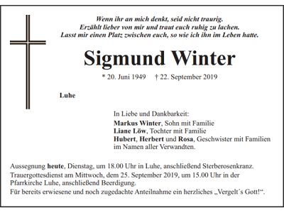 Traueranzeige Sigmund Winter, Luhe