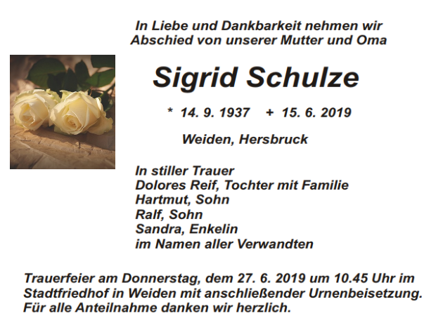 Traueranzeige Sigrid Schulze Weiden