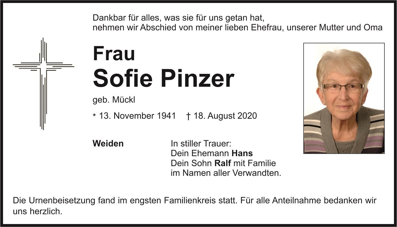 Traueranzeige Sofie Pinzer Weiden