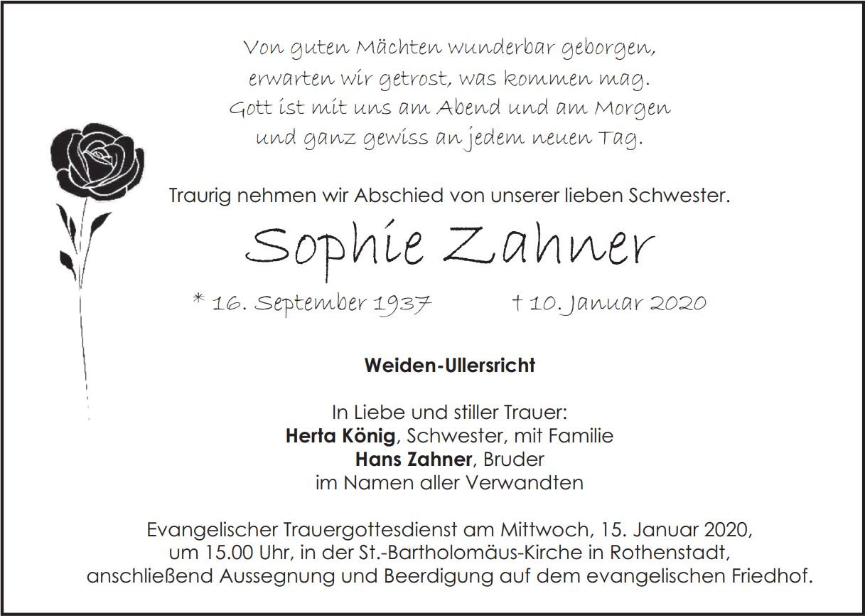 Traueranzeige Sophie Zahner, Weiden