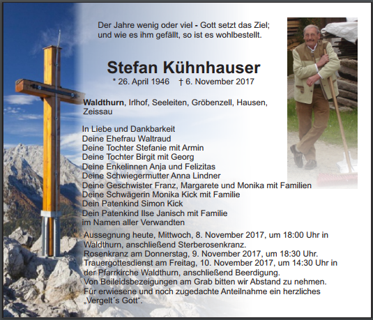 Traueranzeige Stefan Kühnhauser, Waldthurn