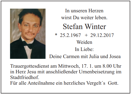 Traueranzeige Stefan Winter, Weiden