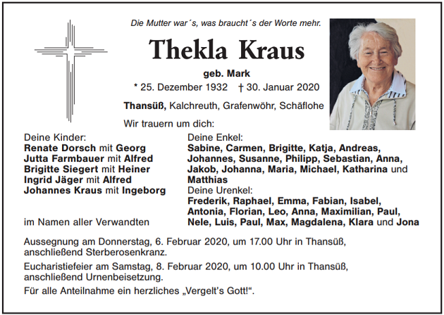 Traueranzeige Thekla Kraus Thansüß