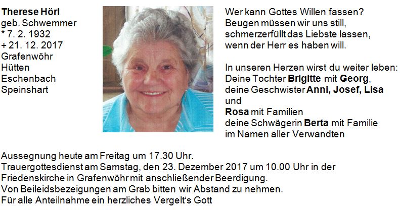 Traueranzeige Therese Hörl Grafenwöhr mit Text