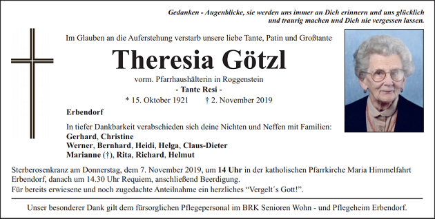 Traueranzeige Theresia Götzl Erbendorf