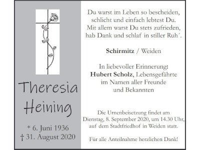Traueranzeige Theresia Heining, Schirmitz