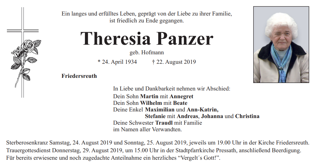 Traueranzeige Theresia Panzer Friedersreuth