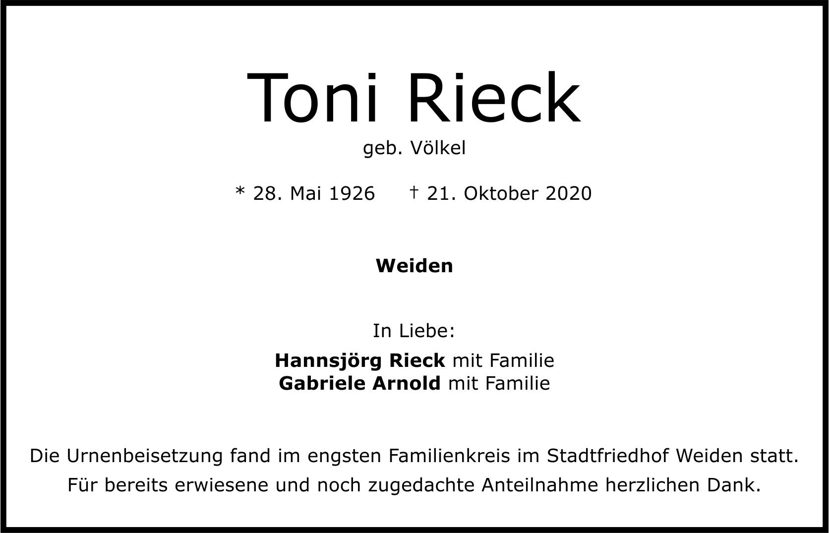 Traueranzeige Toni Rieck, Weiden