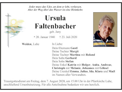 Traueranzeige Ursula Faltenbacher, Weiden