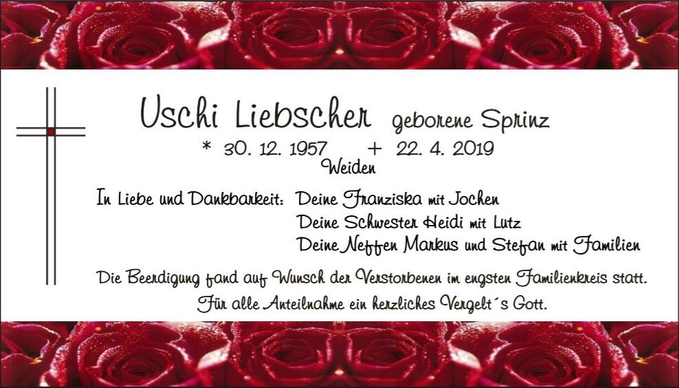 Traueranzeige Uschi Liebscher, Weiden
