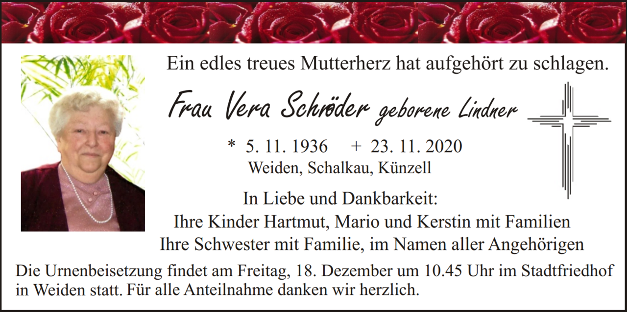 Traueranzeige Vera Schröder, Weiden