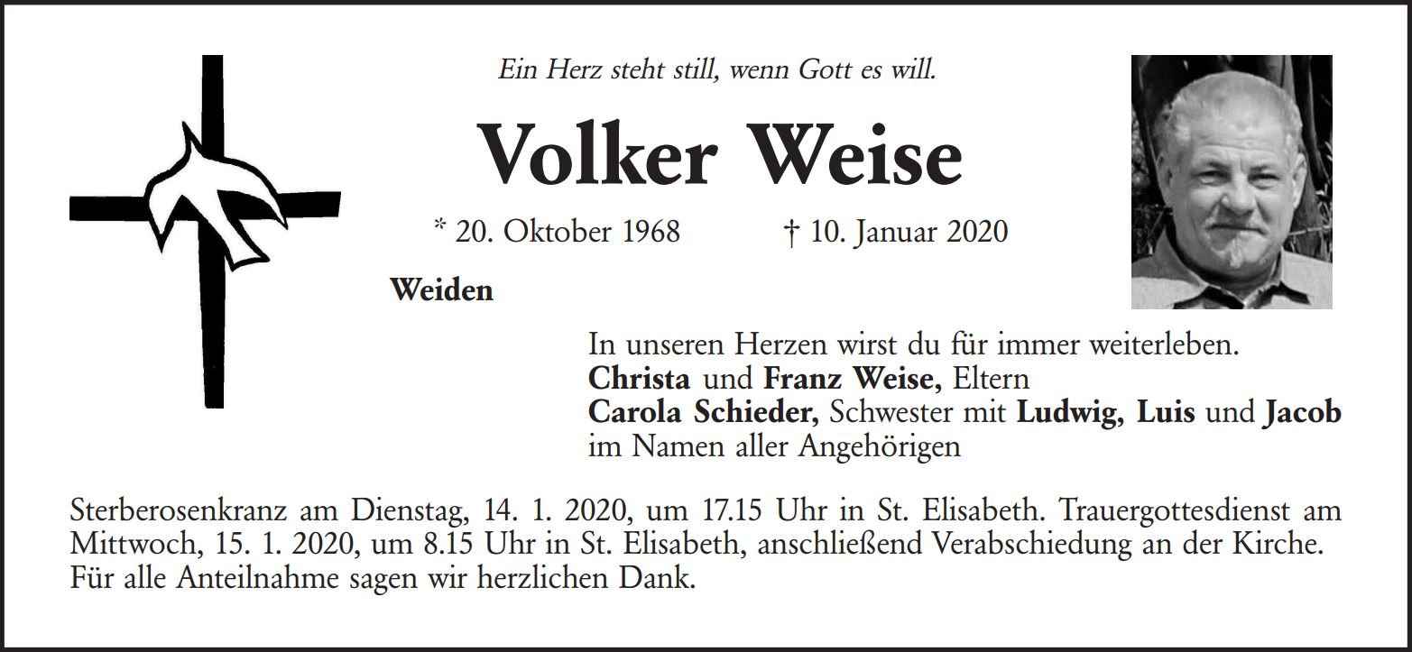 Traueranzeige Volker Weise, Weiden