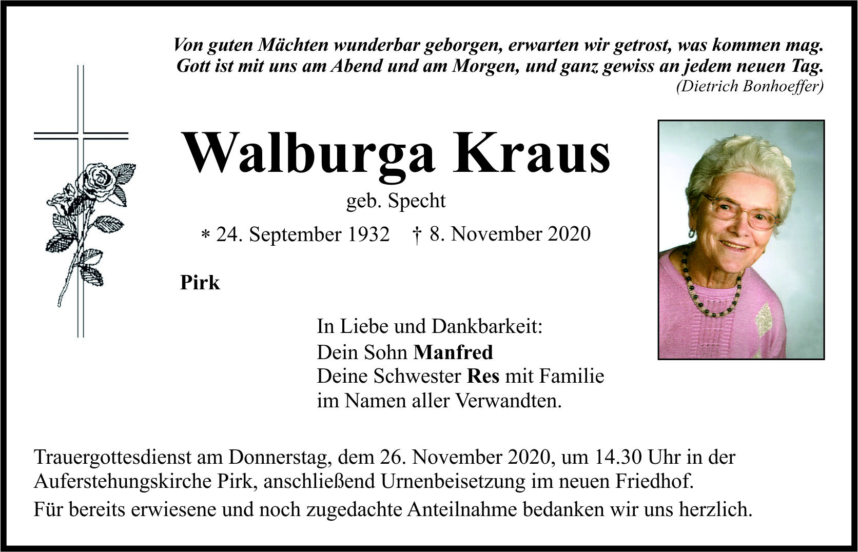 Traueranzeige Walburga Kraus, Pirk