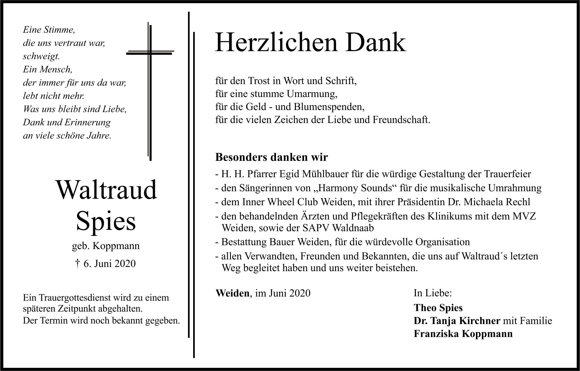 Traueranzeige Waldtraud Spies