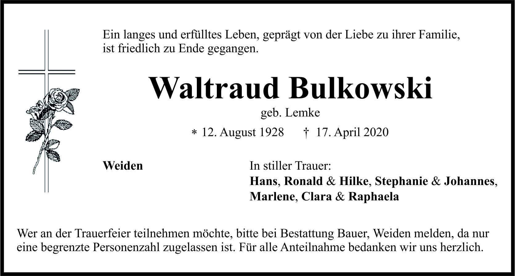 Traueranzeige Waltraud Bulkowski