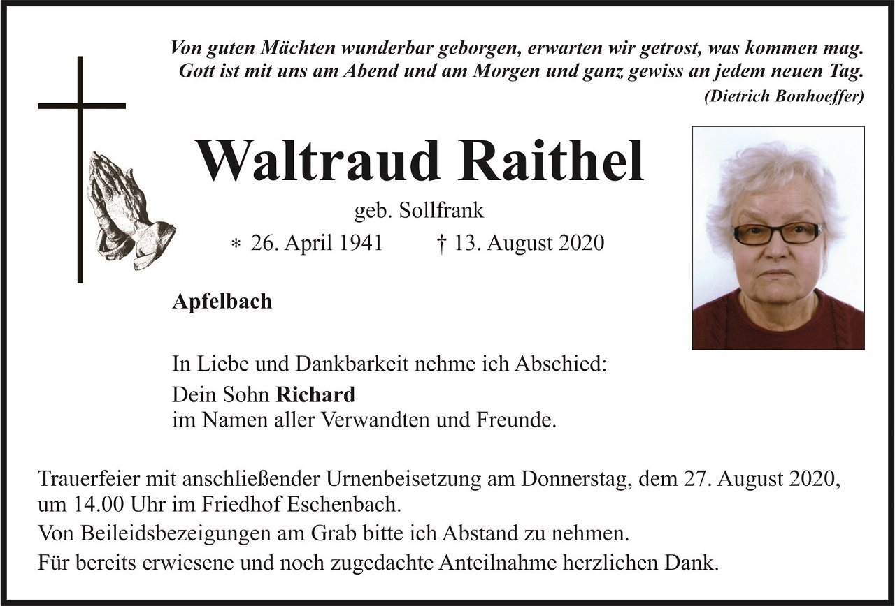 Traueranzeige Waltraud Raithel Apfelbach