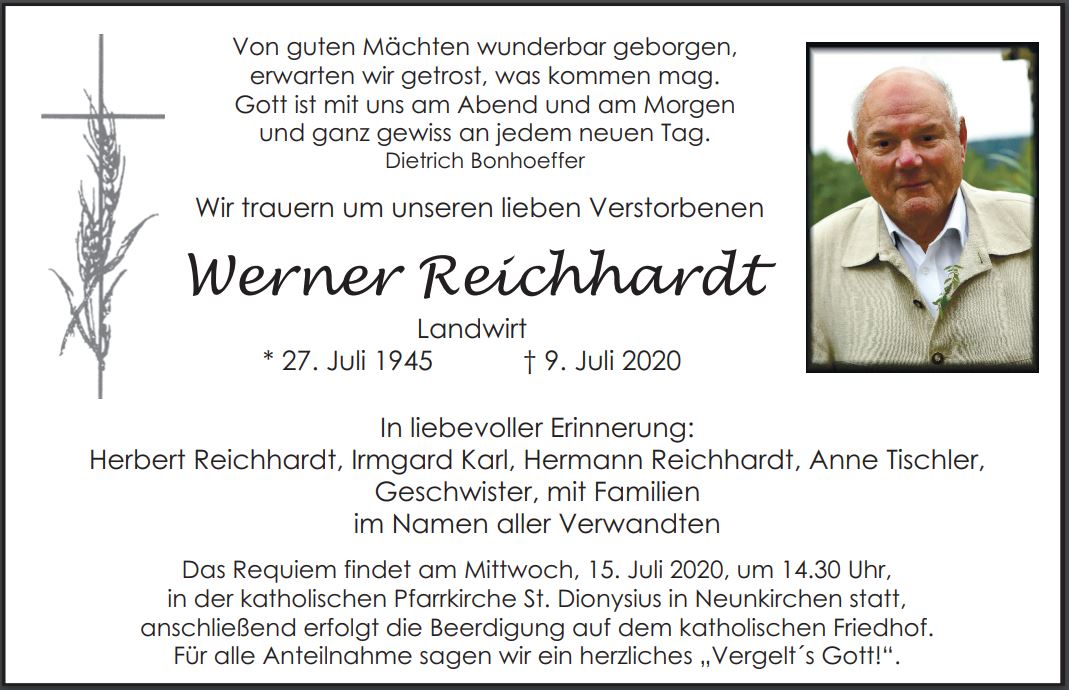 Traueranzeige Werner Reichhardt, Neunkirchen