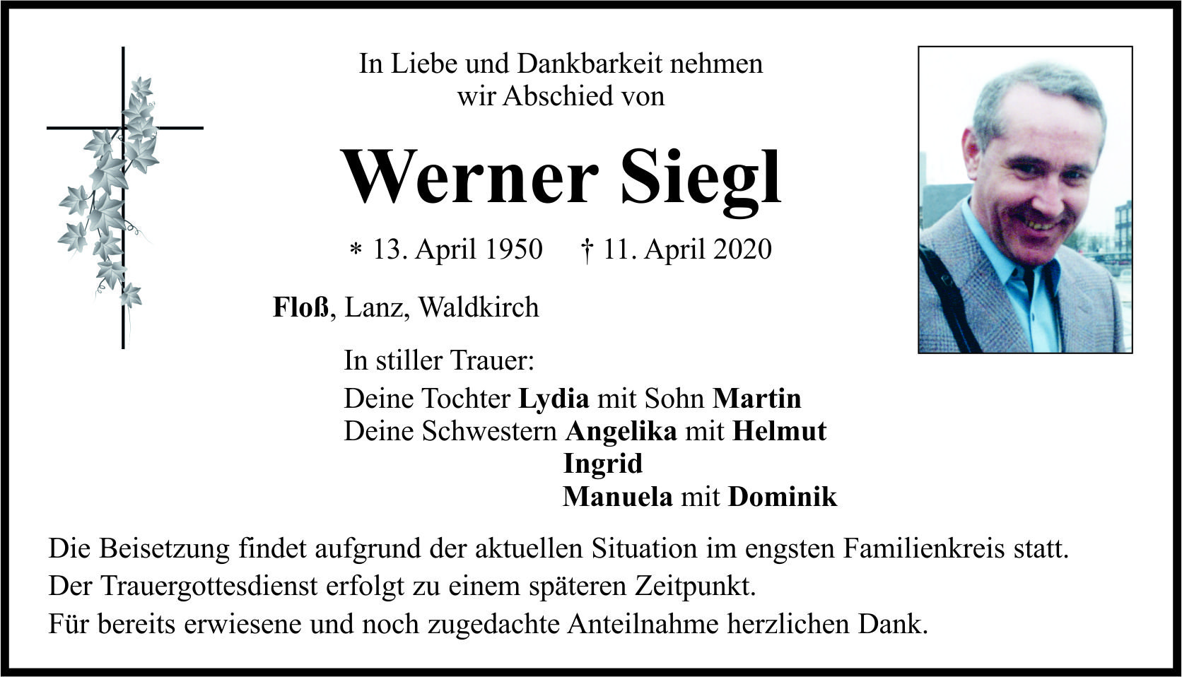 Traueranzeige Werner Siegl