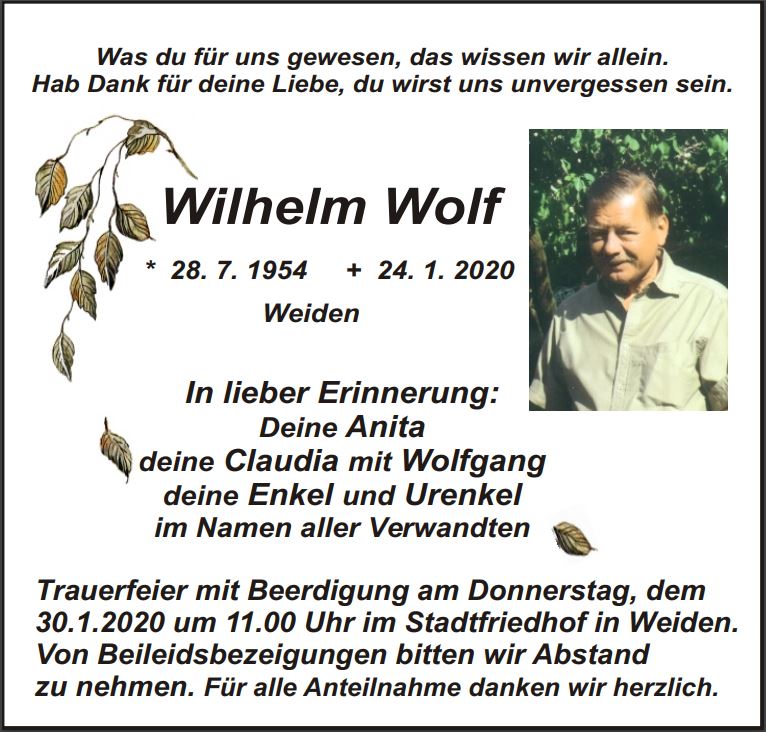 Traueranzeige Wilhelm Wolf, Weiden