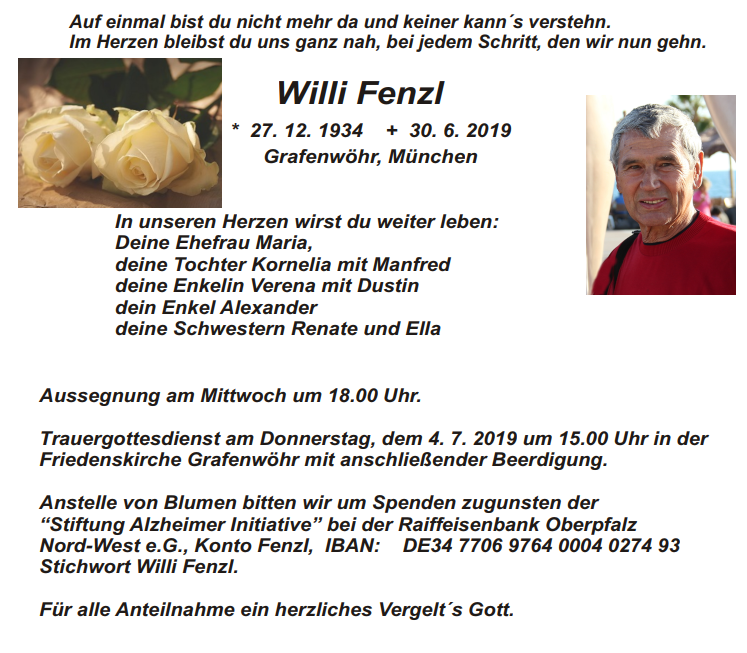 Traueranzeige Willi Fenzl Grafenwöhr